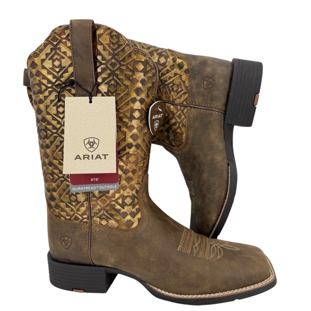 Ariat Women's Round Up Wide Square Toe Leather Brown Western Boots Size 10B NWOB